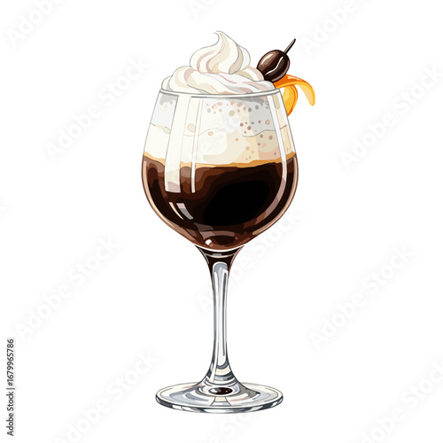 Irish Coffee Cocktail with Whipped Cream and Garnish. Vector illustration of a classic alcoholic coffee drink in a glass, isolated on a white background.