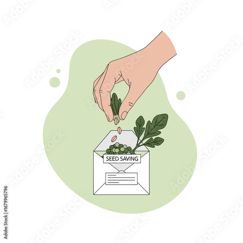 A hand carefully placing harvested seeds from a plant into a labeled envelope for seed saving. Concept of gardening, sustainability, and agriculture.