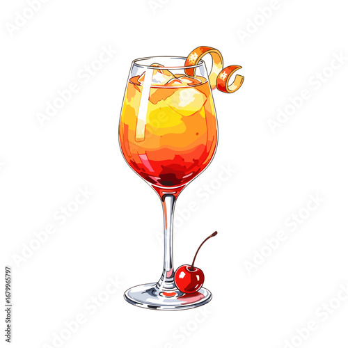 Colorful summer cocktail illustration in a wine glass. Refreshing alcoholic beverage with ice, orange peel, and cherry garnish isolated on a white background.