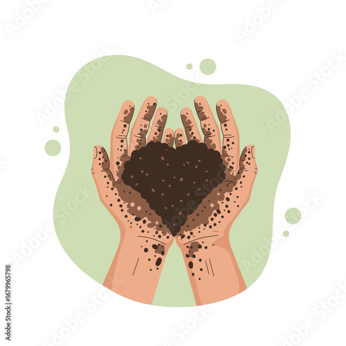 Cupped hands holding a heart made of rich dark soil. Concept of environmental care, agriculture, and growth.