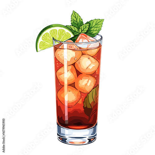 Refreshing iced tea or cocktail in a tall glass with ice cubes, mint leaves, and a lime wedge. Vector illustration of a cold summer drink isolated on a white background.