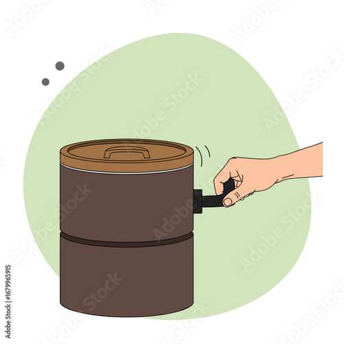 Vector illustration of a person's hand operating a manual coffee bean grinder. Concept of brewing fresh coffee at home.