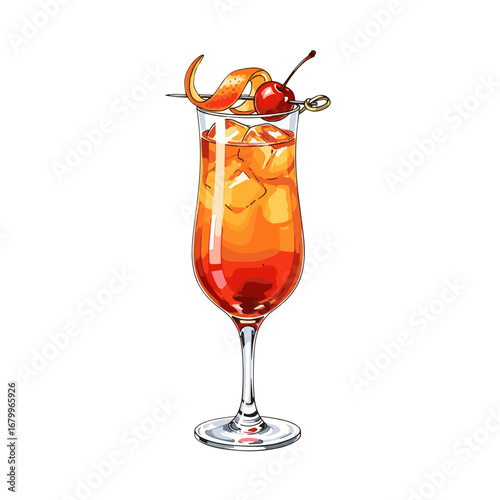 Colorful tropical cocktail in a tall glass with ice, garnished with an orange peel and cherry. Vector illustration of a refreshing summer drink isolated on a white background.