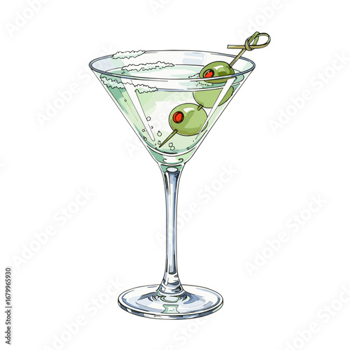 Classic Martini cocktail with green olives on a skewer. Hand drawn watercolor style illustration of an alcoholic beverage in a glass, isolated on a white background.