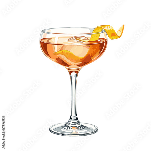 Classic orange cocktail in a coupe glass with a lemon twist garnish. Hand-drawn watercolor style illustration of an alcoholic beverage isolated on a white background.
