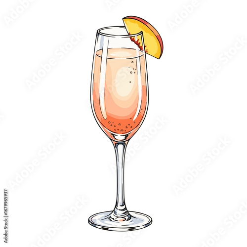 Hand-drawn illustration of a classic Bellini cocktail. Sparkling peach drink in a champagne flute, garnished with a fresh fruit slice, isolated on a white background.