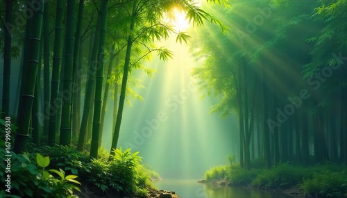 Serene bamboo forest bathed in soft morning sunlight, mist clinging to the lush green leaves A tranquil scene evoking peace and natural beauty , tranquil, flora