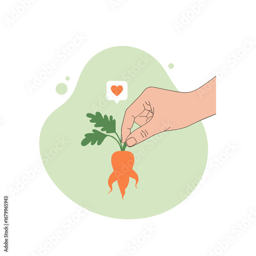 A person's hand carefully pulls a fresh carrot from the soil. Flat design vector illustration about gardening, healthy eating, and organic farming.