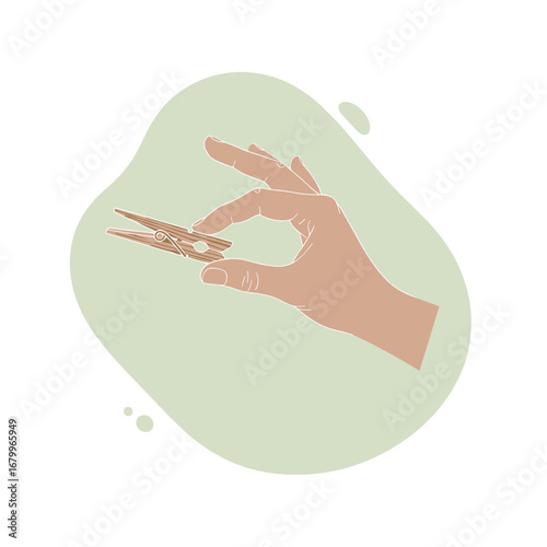 Vector illustration of a hand holding a wooden clothespin. Minimalist flat design for laundry, household chores, and domestic concepts.
