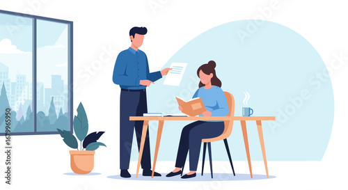Colleagues discussing work in a modern office. A man explains a document to a woman who is reading a book at her desk.