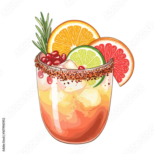 Vibrant citrus cocktail illustration with orange, lime, and grapefruit garnish. Refreshing summer drink with pomegranate seeds and rosemary, isolated on a white background.