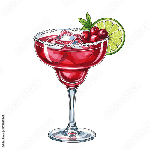 Cranberry Margarita cocktail illustration. Red alcoholic drink in a glass with ice, lime, and a salt rim, isolated on a white background.