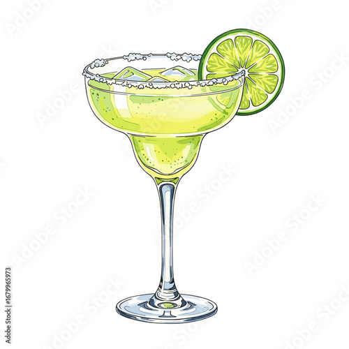 Hand drawn watercolor illustration of a classic margarita cocktail with a salted rim and lime garnish, isolated on a white background.