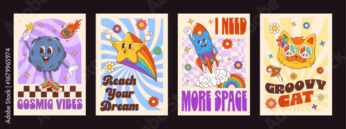 Cartoon groovy characters posters. Vector whimsical retro cosmic and psychedelic cards featuring cheerful moon, rocket, star and cat y2k hippie personages paired with bold text slogans inspired by 70s