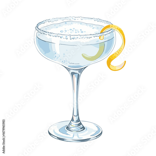 Watercolor illustration of a classic cocktail in a coupe glass with a sugar rim and a lemon twist garnish. Hand-drawn alcoholic beverage isolated on a white background.