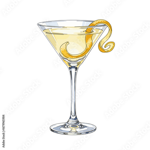 Classic Vesper Martini cocktail in a glass with a long lemon peel twist garnish. Hand-drawn vector illustration of an alcoholic beverage isolated on a white background.
