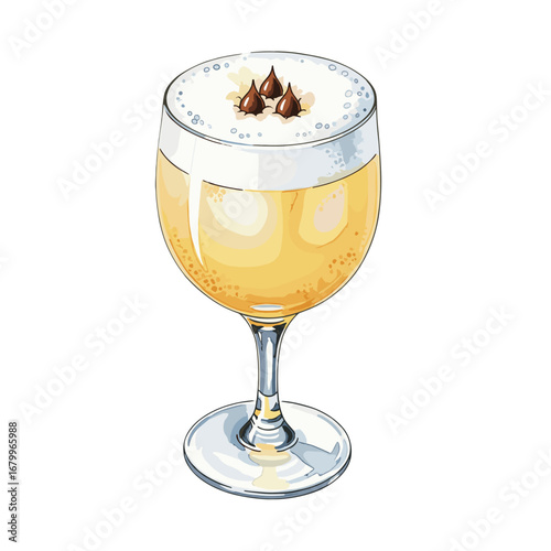 Hand drawn watercolor illustration of a yellow cocktail with white foam and chocolate drop garnish in a stemmed glass. Isolated on a white background.