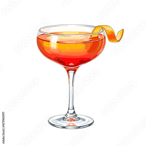 A vibrant orange and red cocktail in a classic coupe glass, garnished with a citrus peel twist. This hand-drawn vector illustration is isolated on a white background.