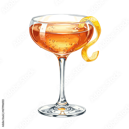 Classic cocktail in a coupe glass with a lemon twist garnish. Watercolor style illustration of a bubbly alcoholic beverage isolated on a white background.
