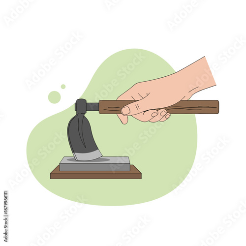 Vector illustration of a hand sharpening a woodworking adze on a whetstone. A craftsman hones the blade of a carving tool.