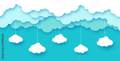 Azure sky clouds paper cut landscape vector background. Blue sky papercut banner with 3d border of fluffy wavy white layers and hanging paper cut clouds, nature, weather and ecology themes