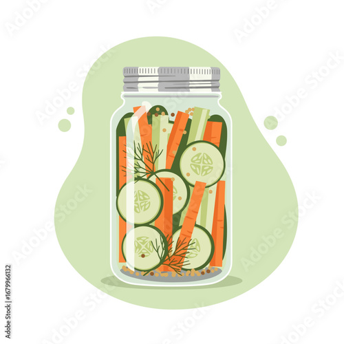 Illustration of a glass jar with homemade pickled vegetables. Canned carrots, cucumbers, and dill for preserving food.