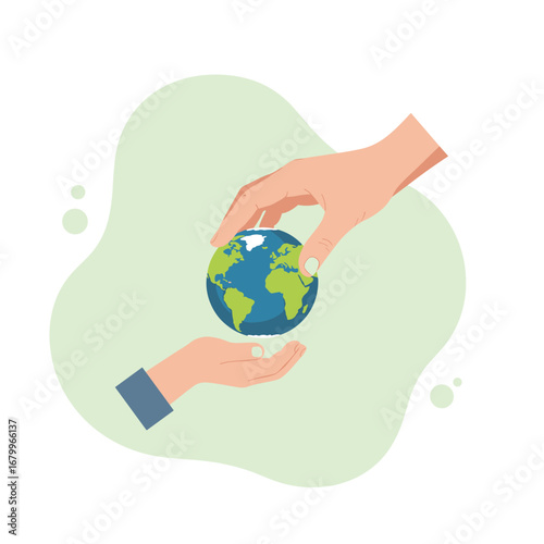 Concept of environmental protection and legacy. An adult hand passes the Earth globe to a child's hand, symbolizing care for the future.