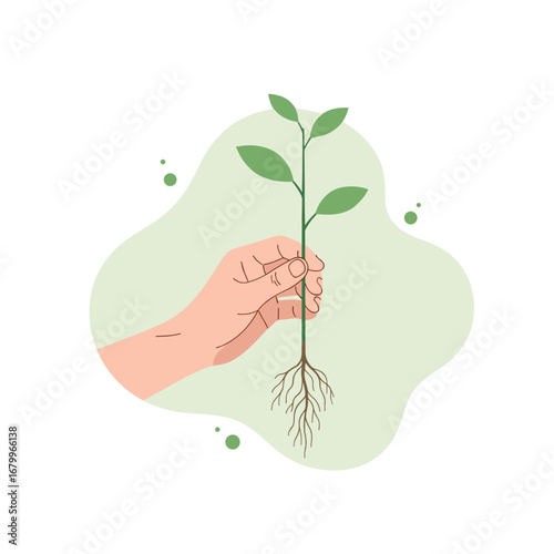 Vector illustration of a hand holding a young plant with roots. Symbol of growth, nature conservation, and environmental care.