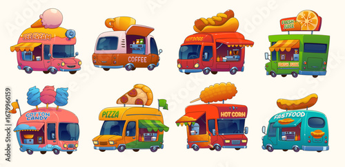 Food truck cars, festival street foodtruck vans. Vector ice cream, pizza, coffee and hot dog, fresh juice drink and corn shops on wheels. Cartoon fast food restaurant truck and cotton candy foodtruck