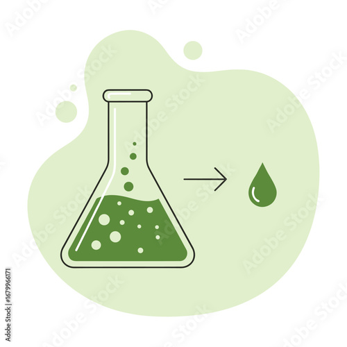 Vector illustration of a chemical process in a laboratory flask. Green liquid solution experiment resulting in a single drop.