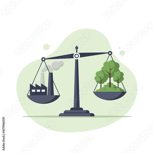 A balance scale weighing a polluting factory against green trees. Concept of environmental protection, sustainability, and ecological choice.