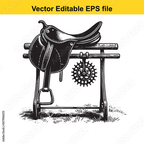 Vintage western saddle on a stand with spur wheel, black and white illustration