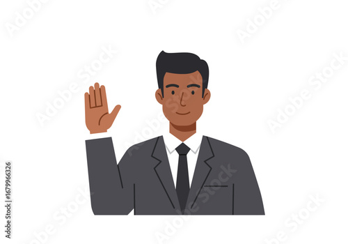A man in a suit raises his right hand with palm facing forward