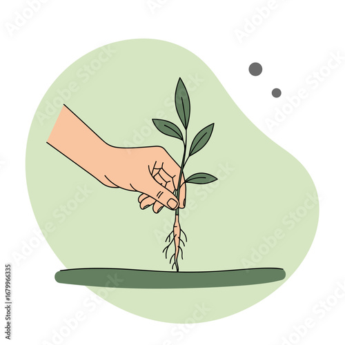 Illustrated hand carefully planting a young green seedling into the soil. Concept of environmental care, sustainability, and new life.