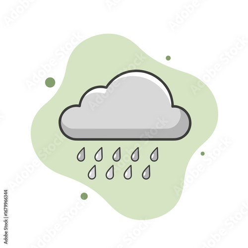 Rain cloud icon with falling raindrops. Simple flat vector illustration of rainy weather. Meteorology symbol on an abstract green background.