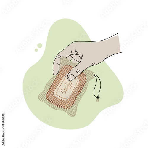 Hand holding a bar of soap in a mesh saver bag. Eco-friendly, zero-waste bathroom accessory illustration.