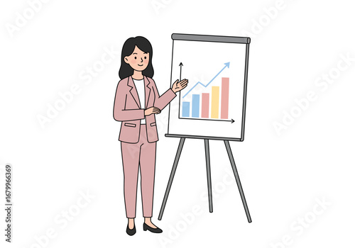 A woman in a pink suit presents a bar graph with an upwardtrending arrow on a whiteboard stand