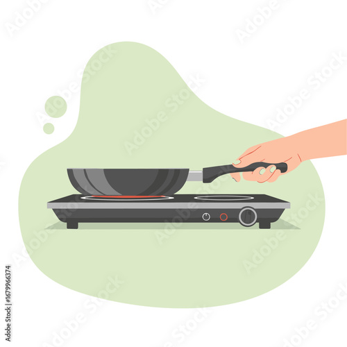 Hand placing a frying pan on a hot portable electric stove. Vector illustration of cooking on a kitchen cooktop.