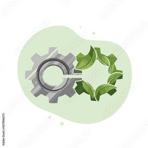 Sustainable industry and green technology concept. An illustration of a metal gear meshing with a gear made of green leaves, symbolizing the harmony between nature and industry.