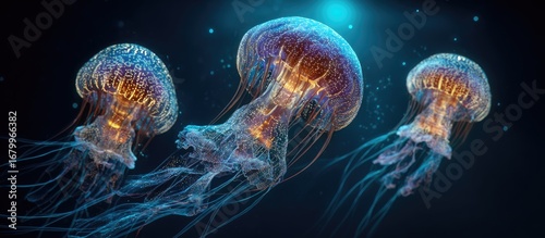 Three bioluminescent jellyfish gracefully drift in a deep ocean scene