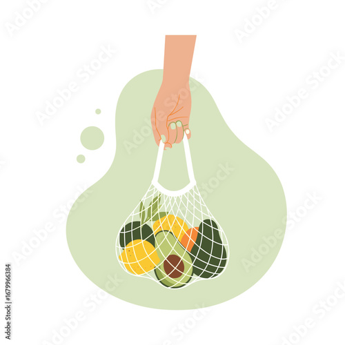Hand holding a reusable string bag full of fresh fruits and vegetables. Eco-friendly shopping and zero waste lifestyle concept. Flat vector illustration.