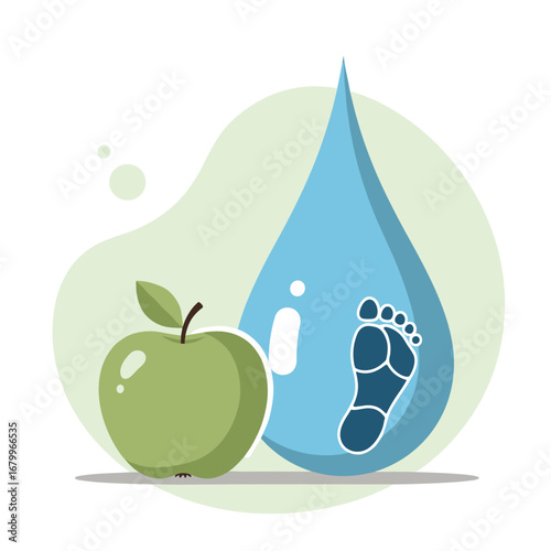 Water footprint of food production concept with a green apple and a water drop. Ecological vector illustration about sustainable agriculture and consumption.