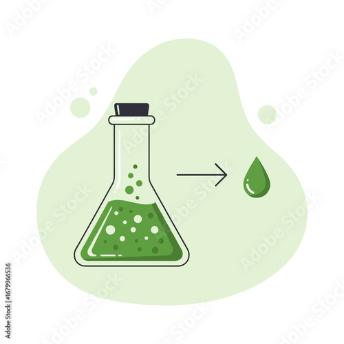 Chemical reaction in a laboratory flask. Scientific experiment resulting in a green liquid drop. Vector illustration of chemistry and research.