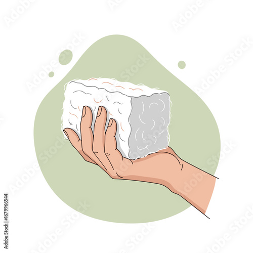 Vector illustration of a hand holding a block of white fibrous insulation material. Concept for construction, home improvement, and soundproofing.