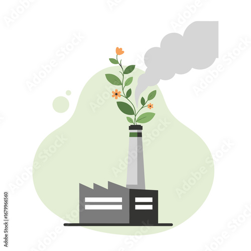 Eco-friendly factory with a plant and flowers growing from the smokestack. A conceptual illustration of green energy, sustainability, and environmental protection.