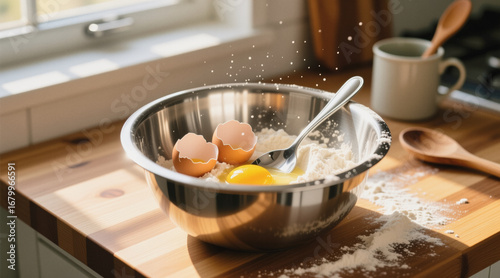 Wallpaper Mural A metal mixing bowl on a wooden countertop contains cracked eggs and flour, with sunlight streaming through a nearby window. Torontodigital.ca