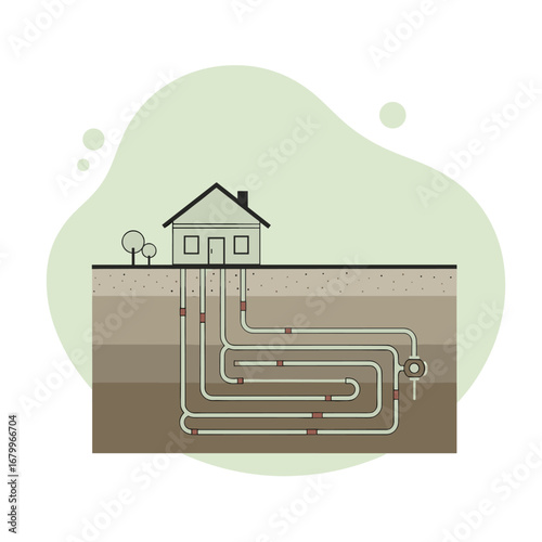 Geothermal heat pump system diagram for a residential house. Illustration of ground source heating and cooling technology. Renewable energy concept.