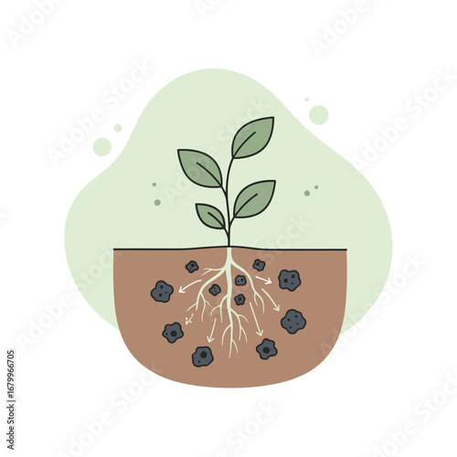Illustration of a young plant with a visible root system absorbing nutrients from the soil. Diagram showing plant growth and fertilization process.