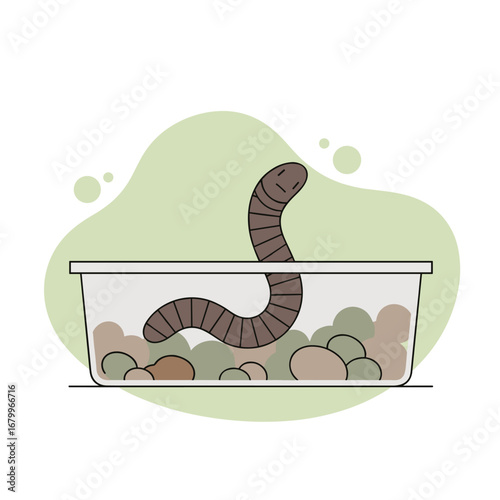 A cartoon earthworm in a clear container filled with soil. Simple vector illustration about vermicomposting, gardening, and nature.