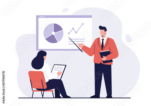 Man in suit presenting chart data to seated woman holding a document